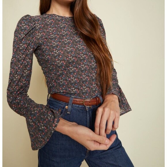 Nation LTD Shirt Womens Medium Black Floral Long Sleeve Pima Cotton Penny Tee - Picture 2 of 9